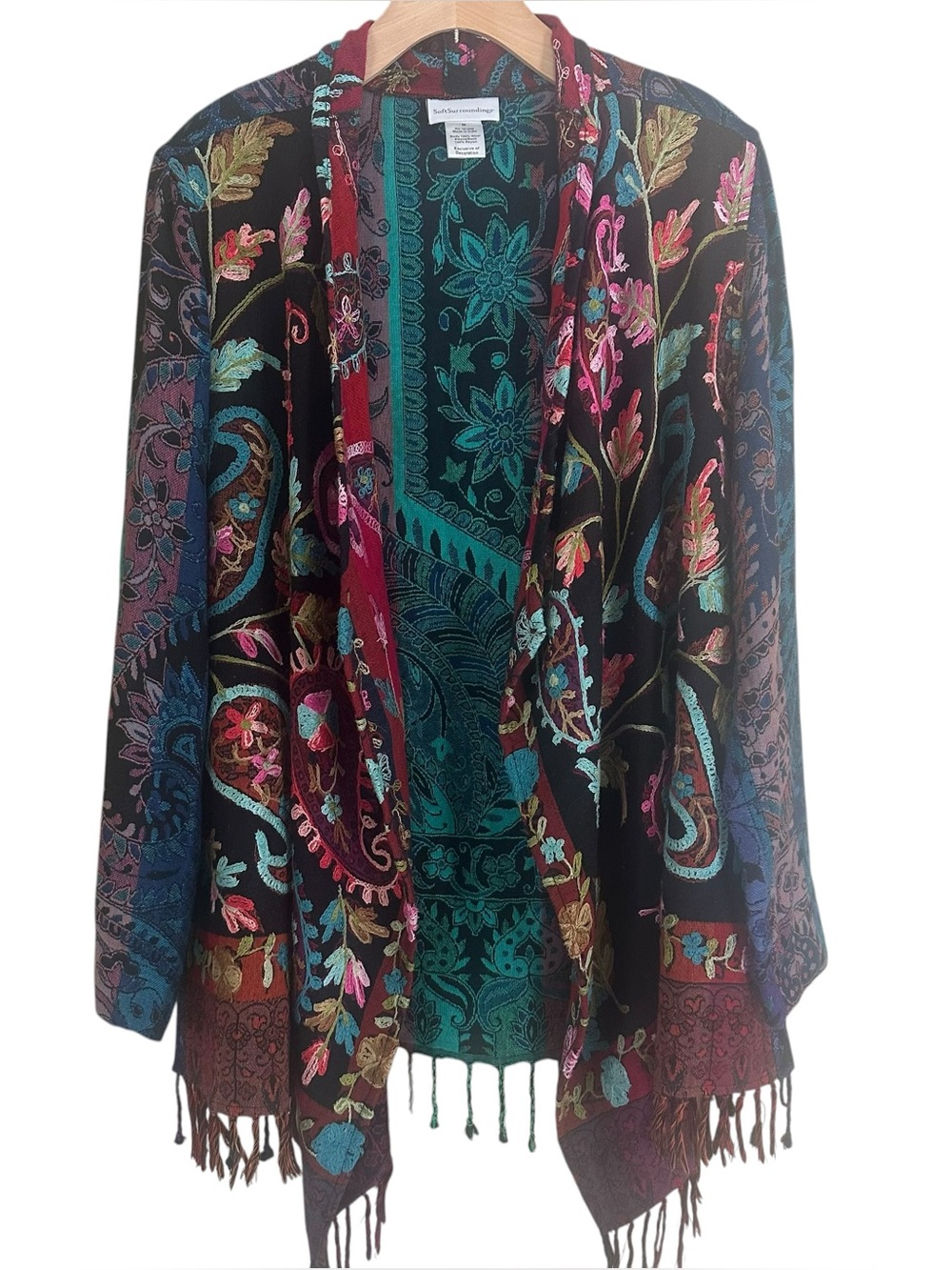 Soft Surroundings Kimono Cardigan M Floral Embroidered Fringe Duster Topper Boho - Picture 5 of 8